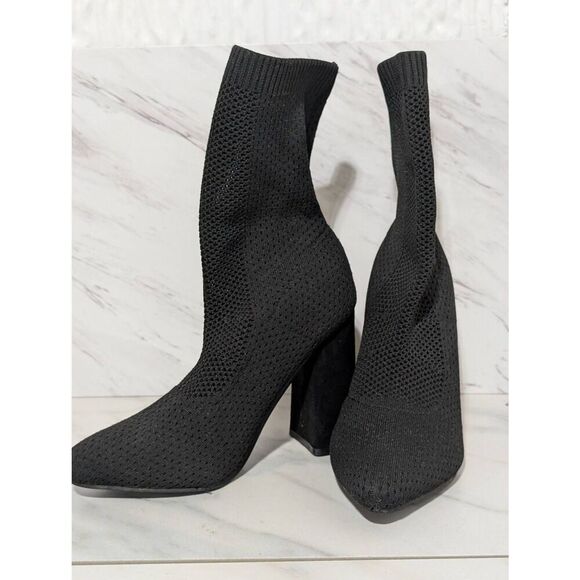 Krush Since 1970 Women's Black Chunky Suede 4" Heel Knitted Boots US Sz 8 - Picture 1 of 8